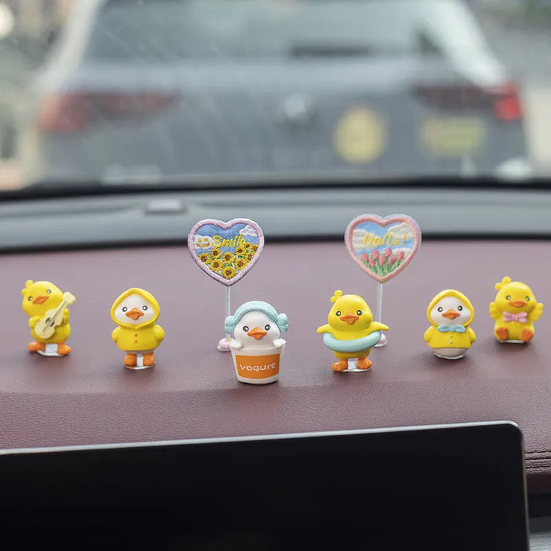 PVC plastic car interior decoration set with six yellow duck ornaments and one welcome sign