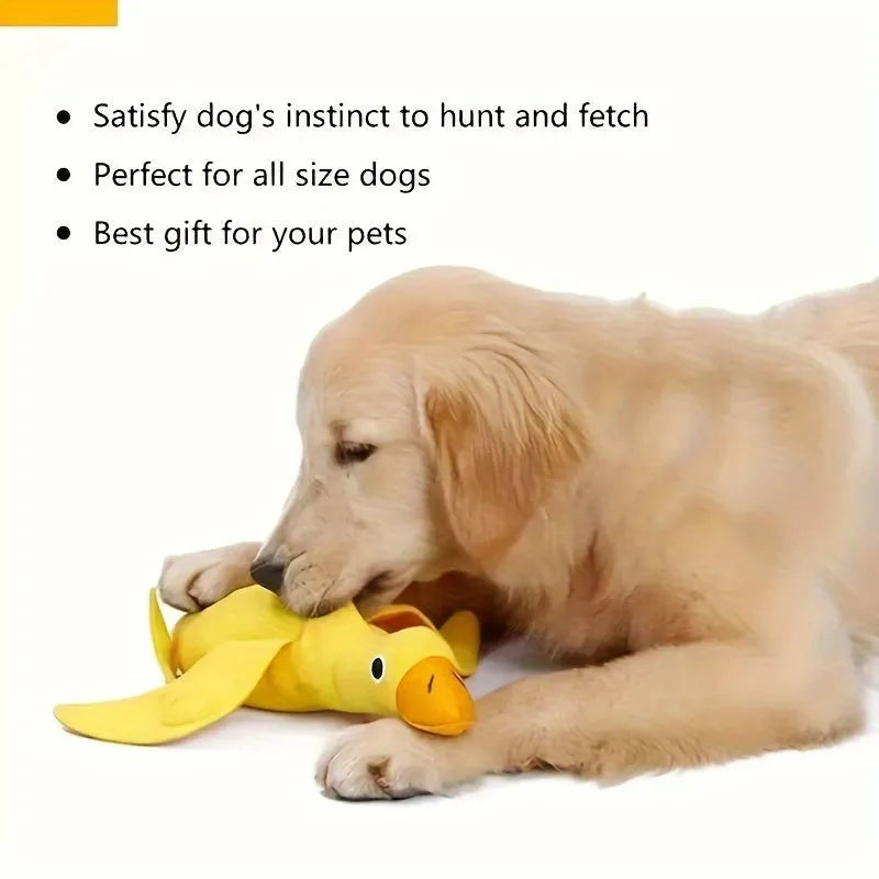 Yellow teddy dog toy with central duck doll, featuring a squeaker and treat leak compartment.