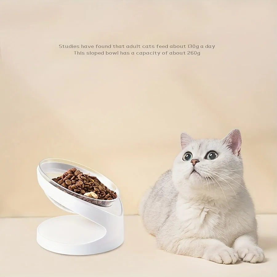 White elevated plastic cat food bowl with clear dish on a tilted stand