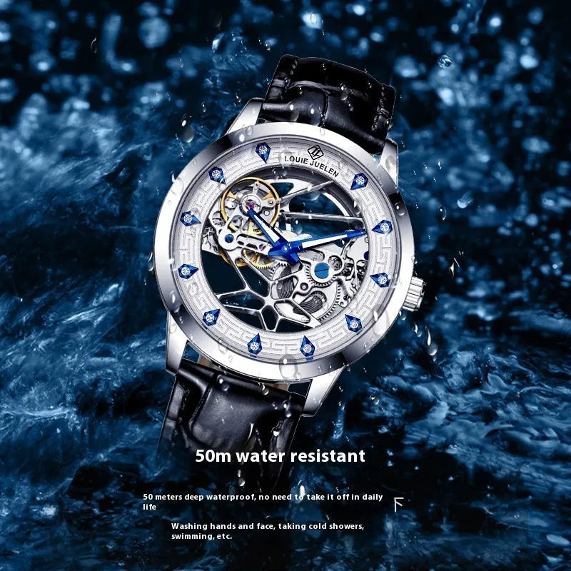 Men's silver mechanical watch with luminous hands on black leather strap