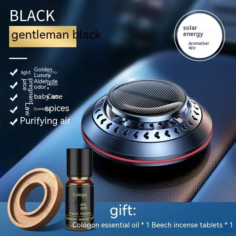 Solar car air purifier diffuser with aluminium alloy housing in black, red, or silver colour options