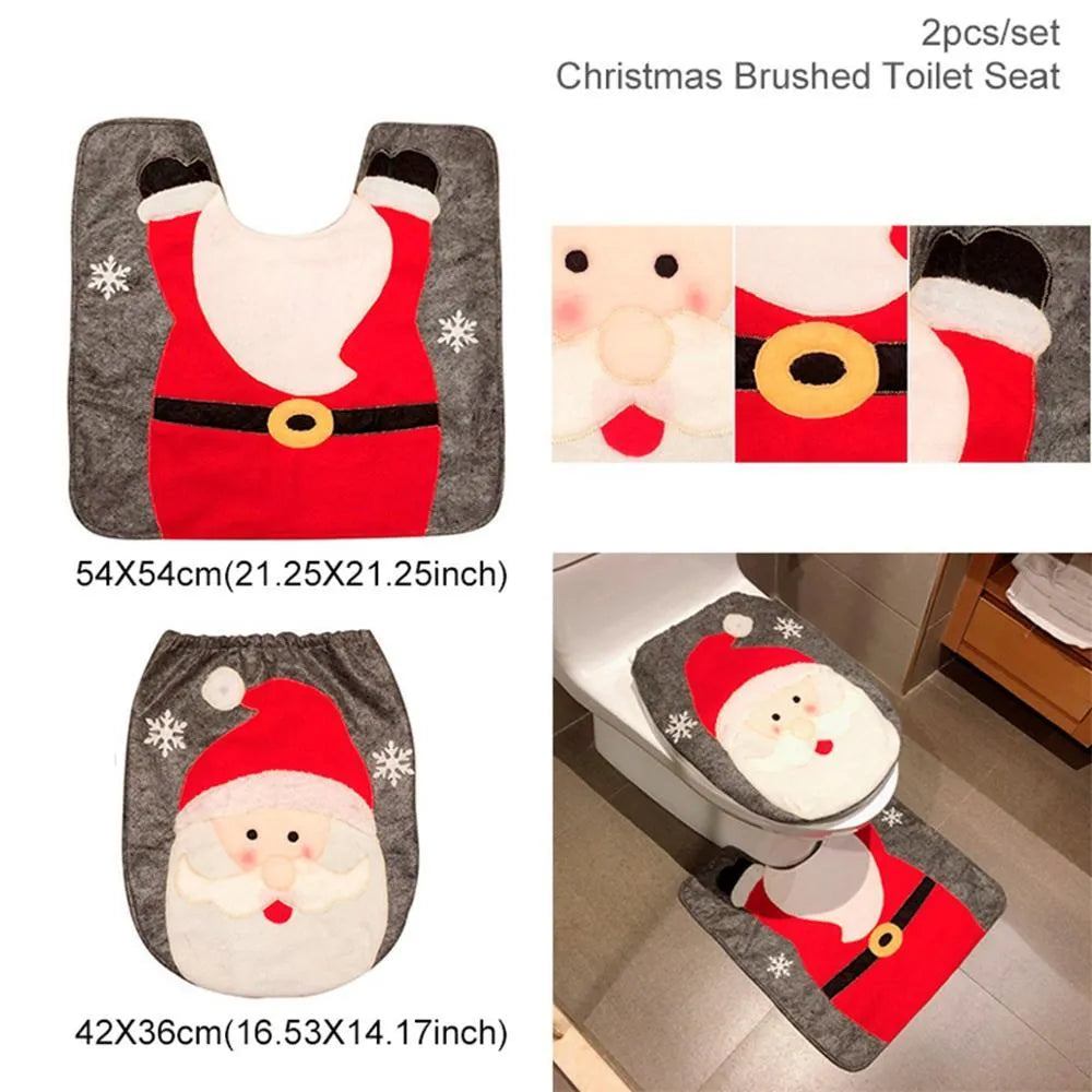 Christmas bathroom decoration set with toilet cover, floor mat and shower curtain in festive designs