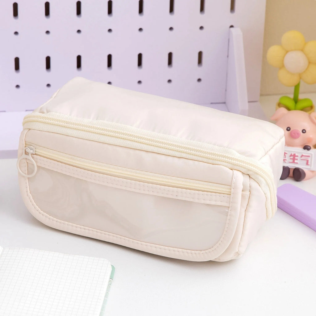 Canvas pencil case with ten flip layers open, showing compartments, in premium Black colour.