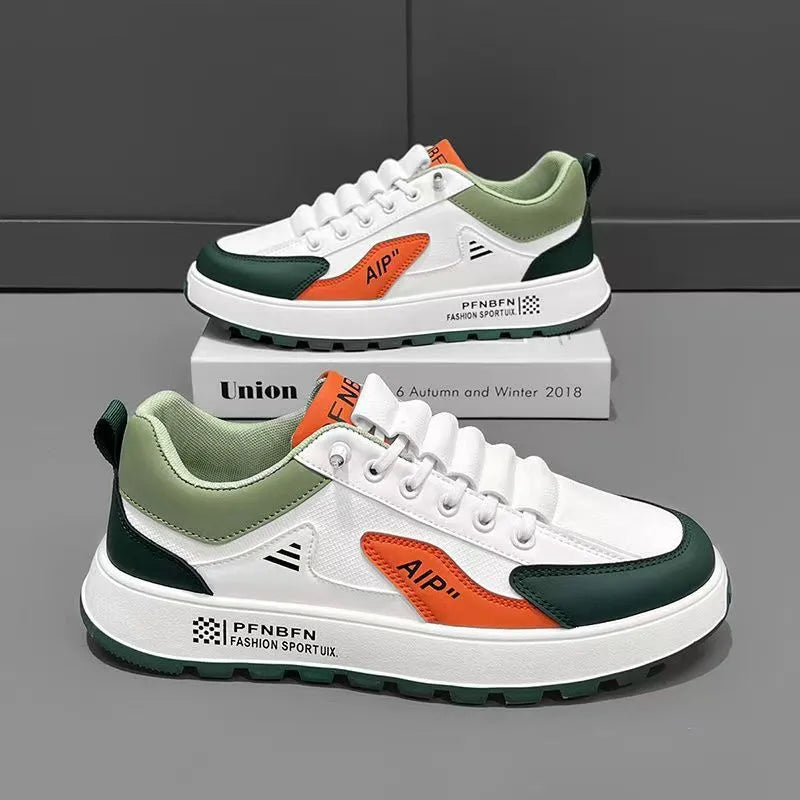 Men's solid colour casual shoes with artificial PU upper in white and orange, white and black, and white and brown colourways.