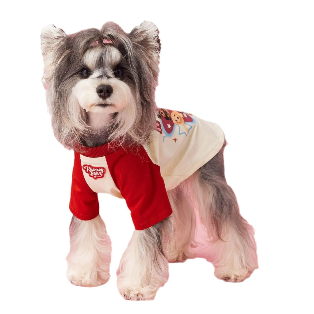Red embroidered cotton summer clothes for a dog on a size chart showing XS to XXL.