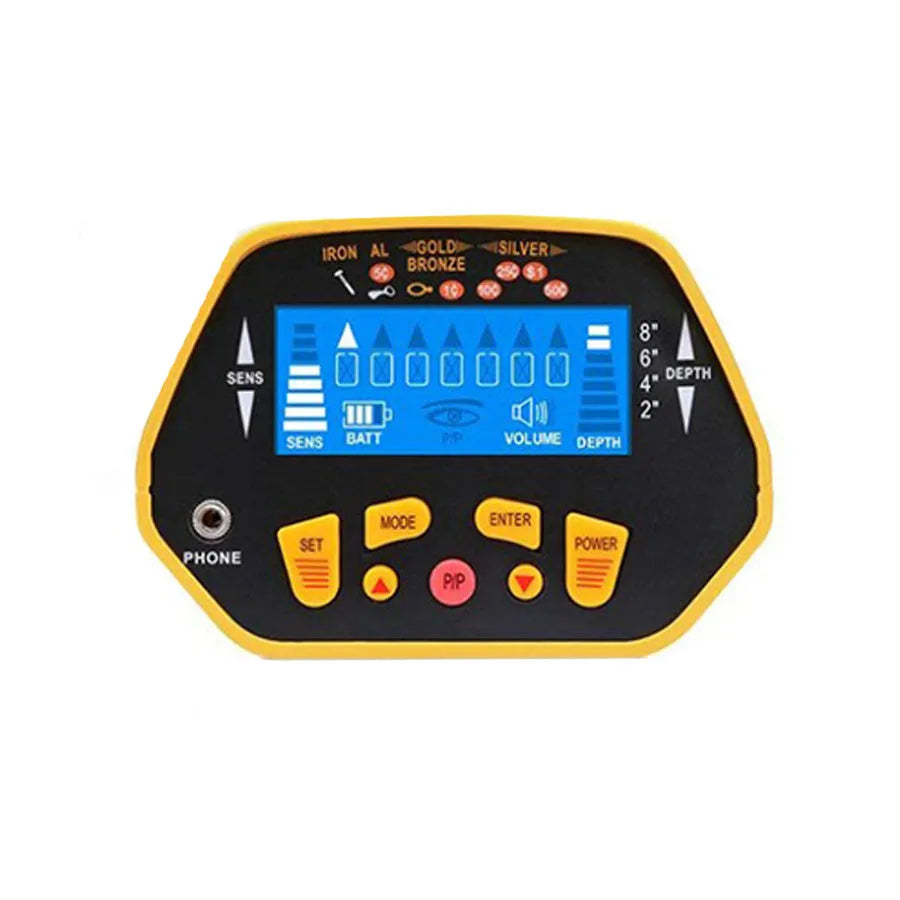 GC1028 professional metal detector with LCD display, black and yellow housing, and waterproof search coil