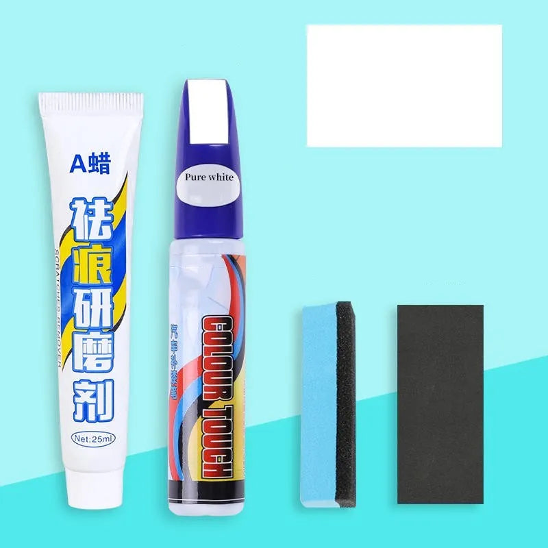 Automotive scratch repair kit with paint pen, wax tube, sponge, and sandpaper for DIY car paint touch-up.