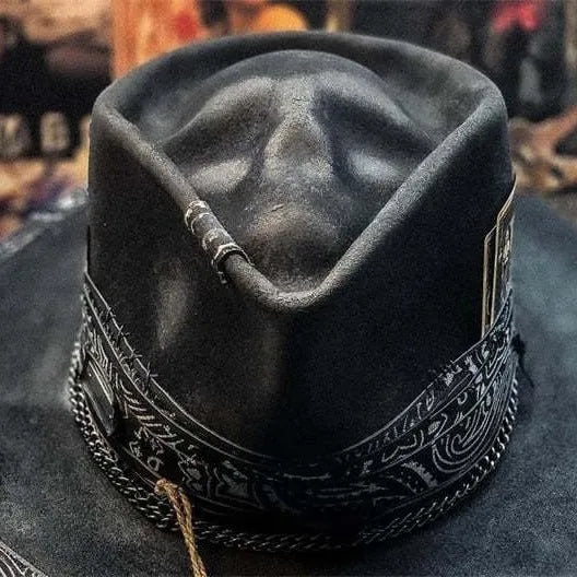 Handmade wool felt skull hat with conical crown in skull hat colour