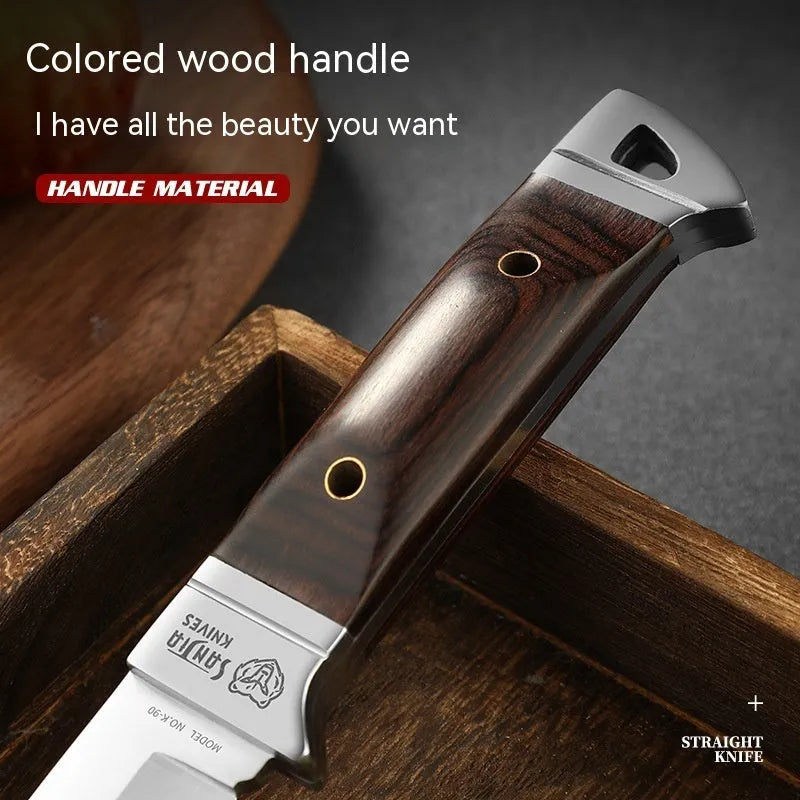 Camping multifunctional fruit knife with stainless steel blade and brown leather sheath.