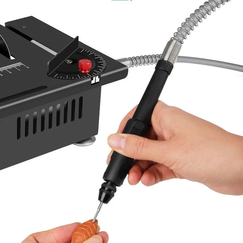 Lithium ion micro household desktop saw with metal construction on workbench