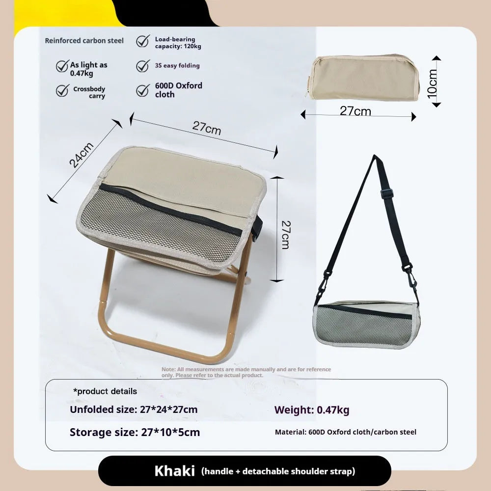 Foldable camp stool in pencil box design with oxford cloth construction shown in khaki colour