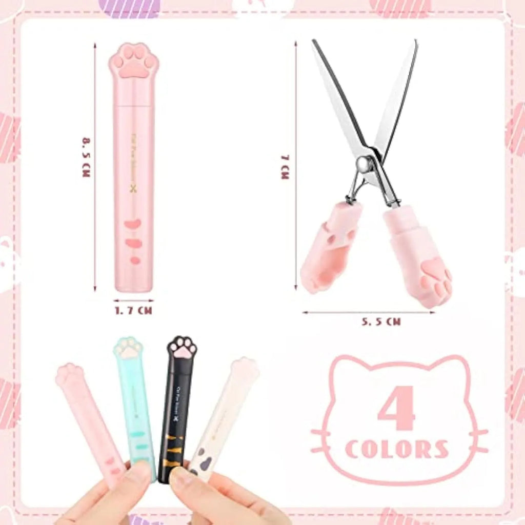 Cat paw mini folding safety scissors showing stainless steel blades and decorative handles in four colour options
