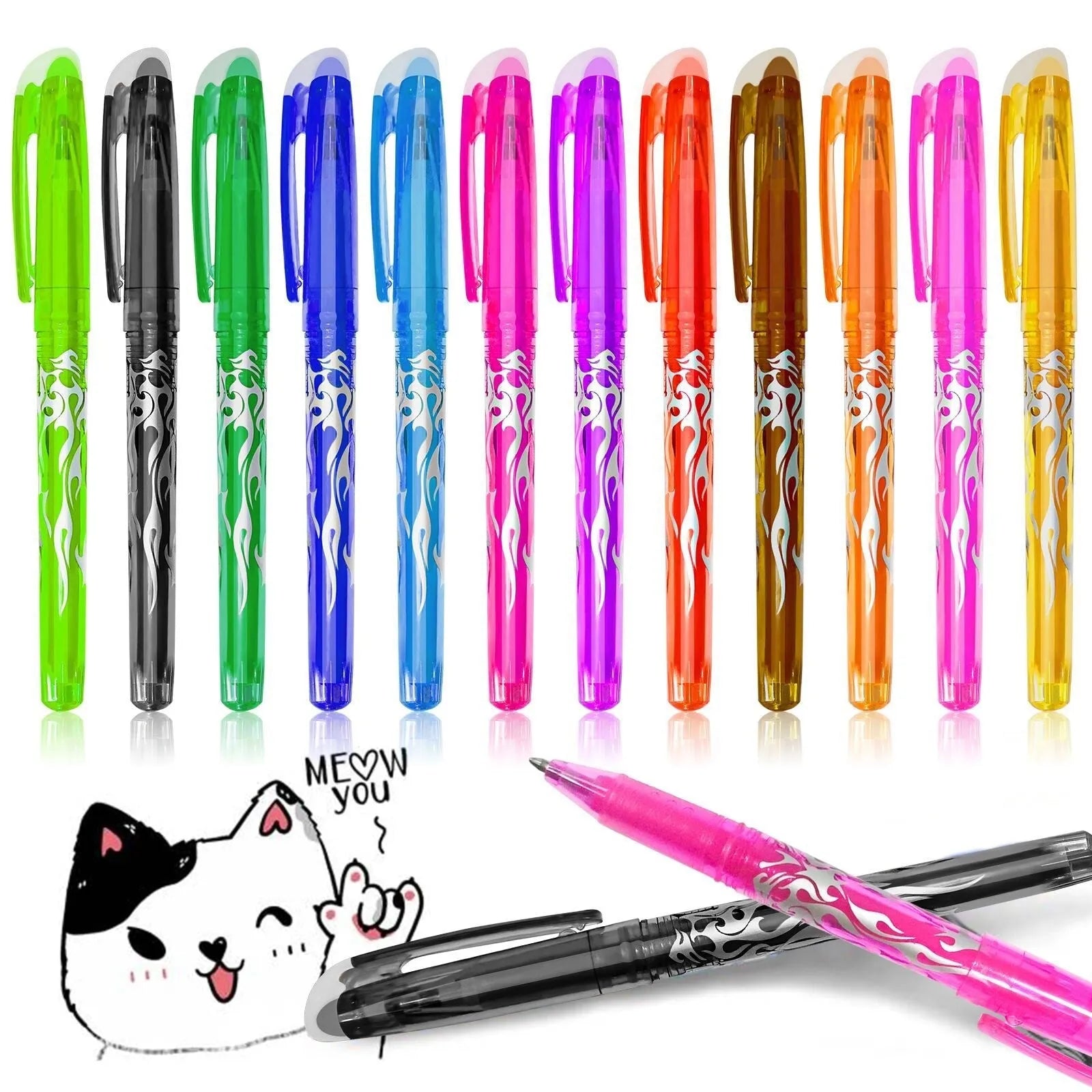 Set of heat-erasable gel pens in multiple colours with plastic bodies and stainless steel tips, showing 0.5mm and 0.7mm nib options.