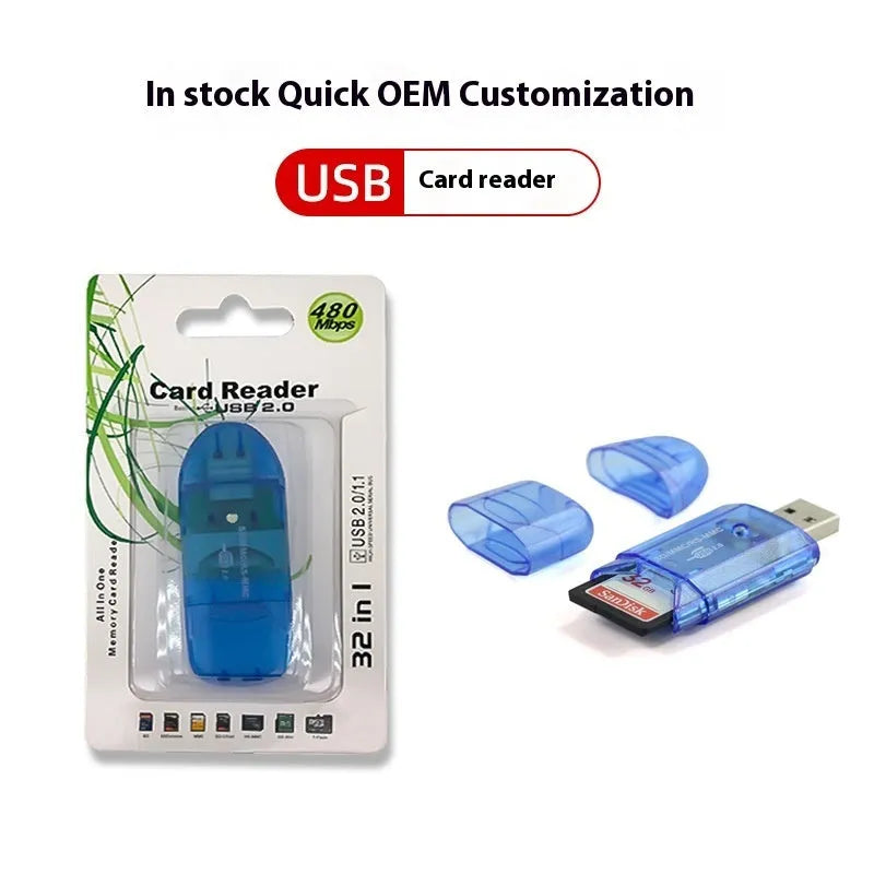 Transparent USB card reader with visible internal components and LED lighting