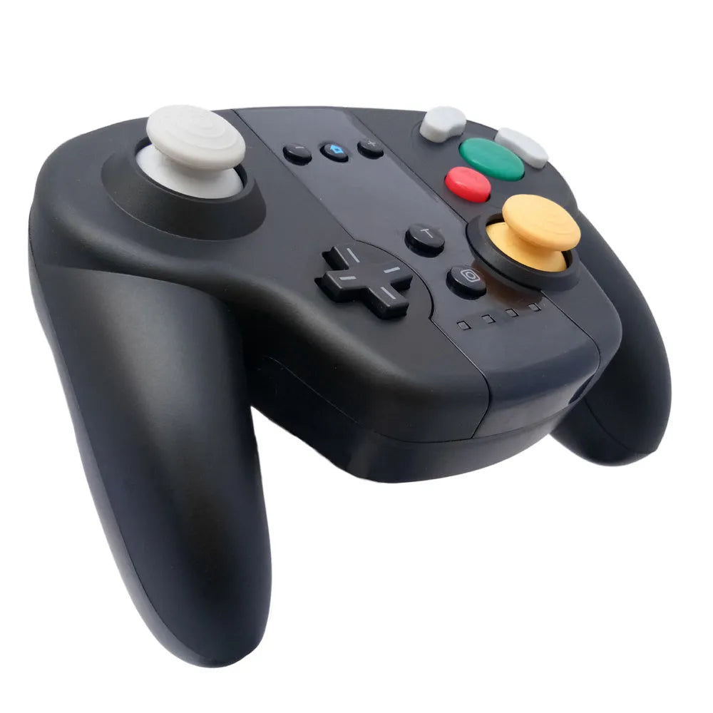 Black wireless gamepad for Nintendo Switch and PC with colourful packaging, showing buttons and joysticks.