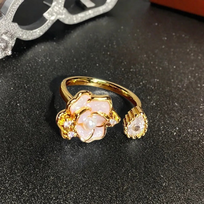 Adjustable women's gourd ring with zircon inlay in oil dripping vintage colours on copper base