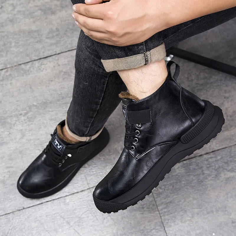 Men's black high-top Martin boots with velvet-style upper and rubber soles