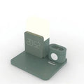 Qi wireless charger stand in dark green, light green, and black colours showing 3-in-1 charging design
