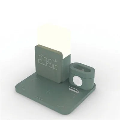 Qi wireless charger stand in dark green, light green, and black colours showing 3-in-1 charging design
