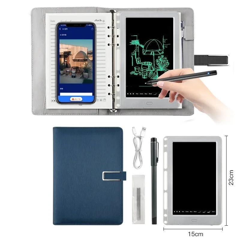 85-inch electronic writing pad with stitching design, smart pen, and USB charger on a table.