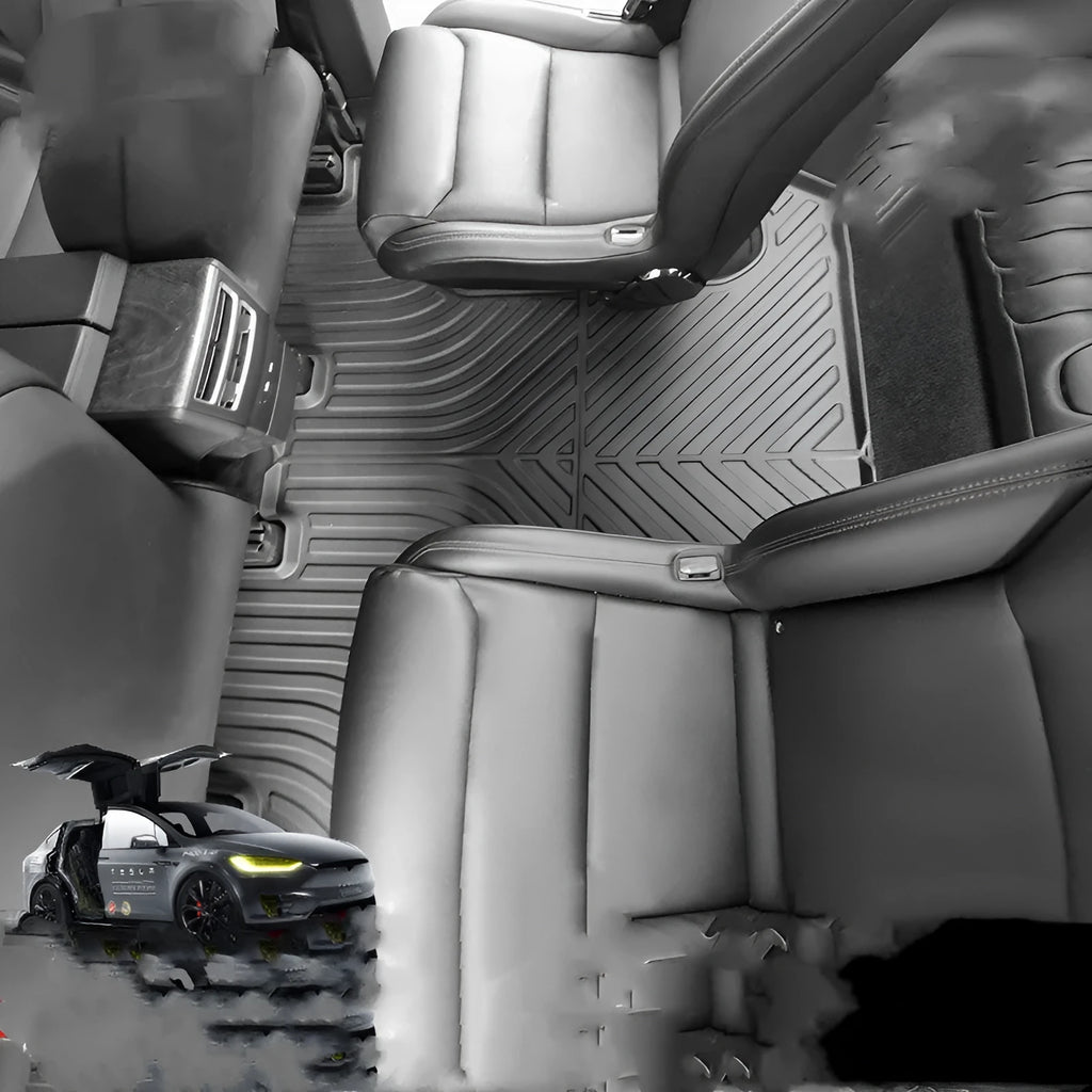 Tesla Model X waterproof TPE rubber floor mats and tail boot liner set shown in a vehicle