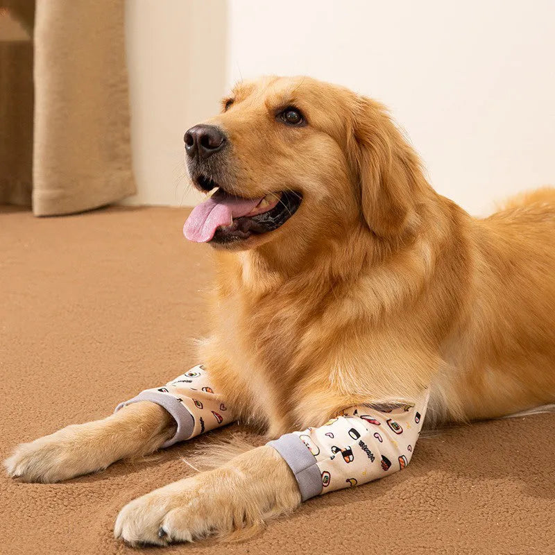 Adjustable dog elbow sleeve with plastic buckle and matching scarf in blue, grey, or yellow colours