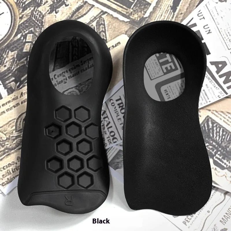 TPR arch support varus correction insoles in white, black, and skin colour showing size ranges 35-39 and 40-45.