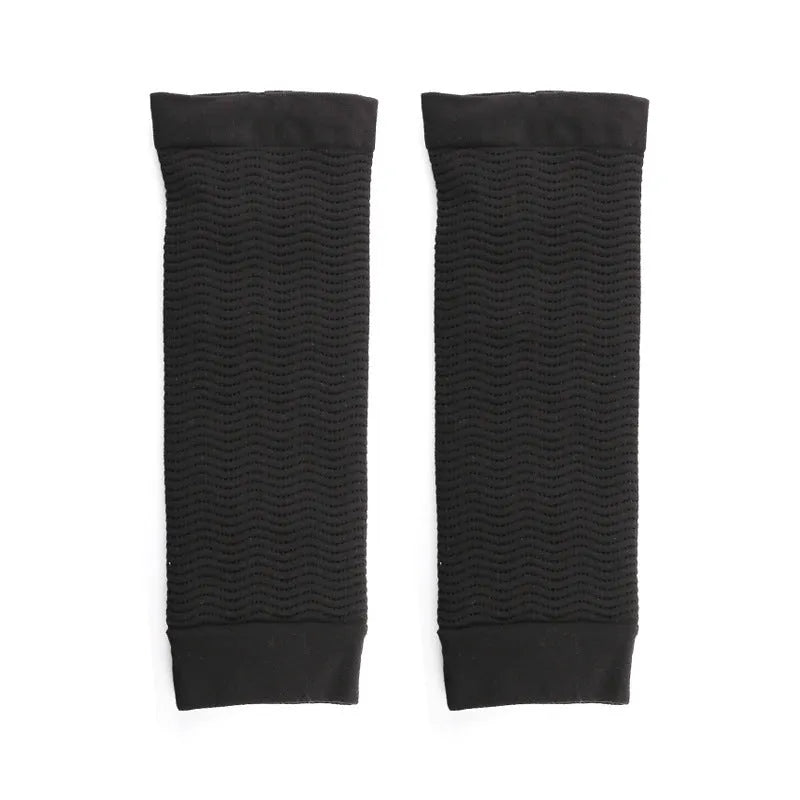 Women's nylon shaping arm sleeves in black and skin tone colours with free size fitting