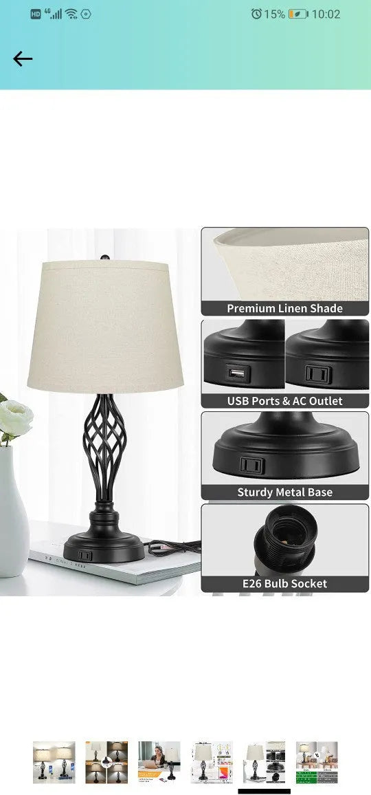 Touch control bedside table lamp with USB charging socket in European alloy design
