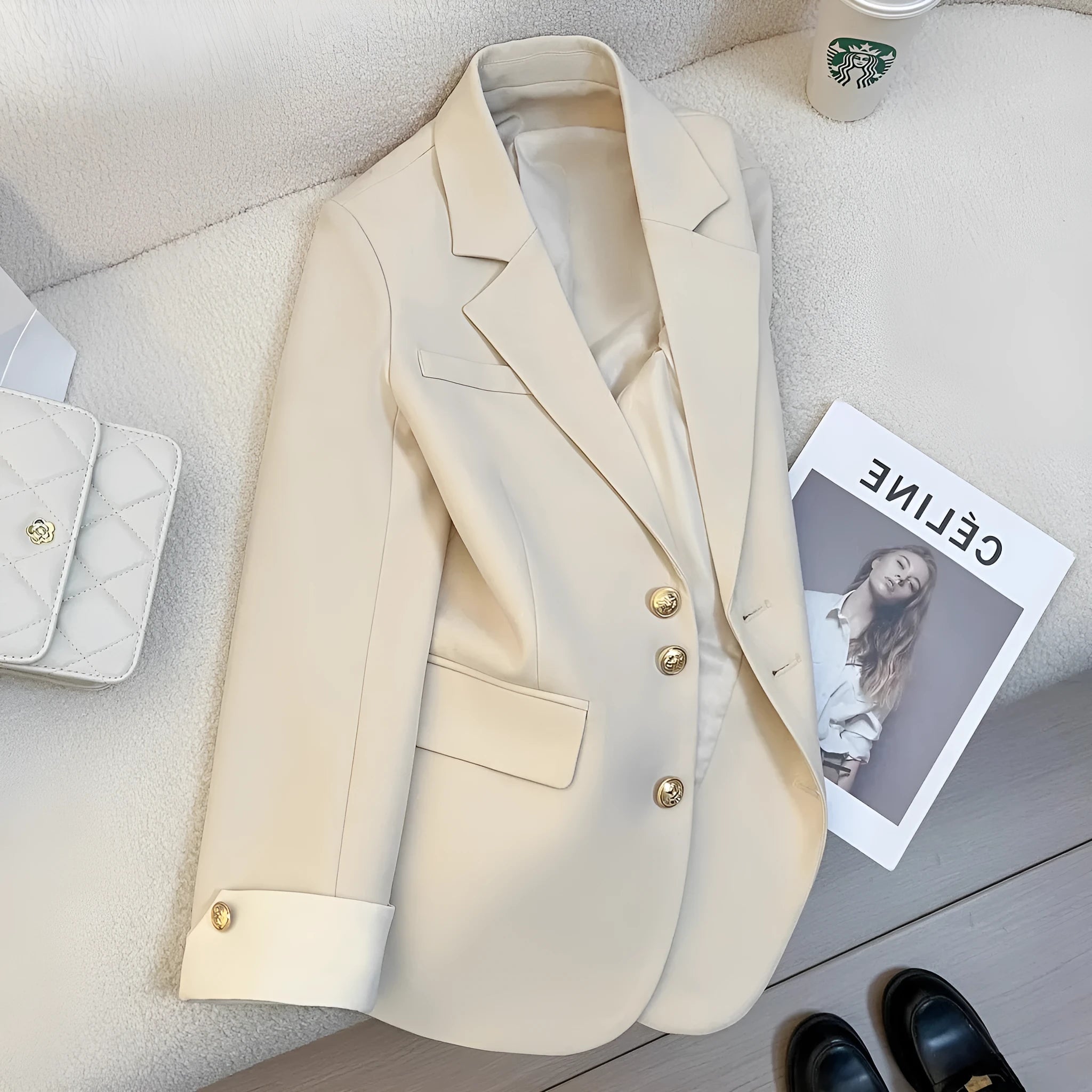 Women's loose fit Korean-style coat in milky white with pockets and long sleeves