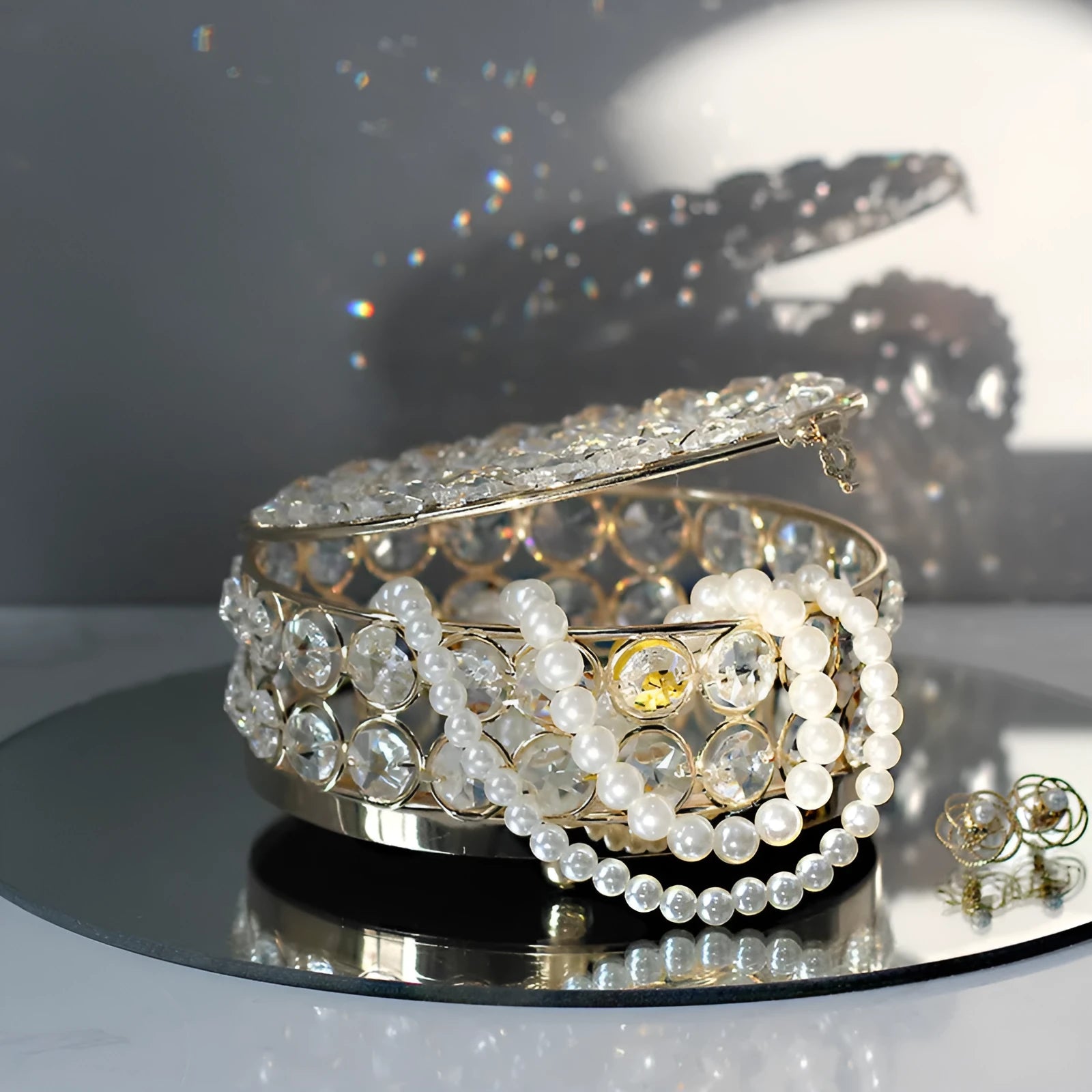 European style jewelry box with crystal glass transparent top and French gold iron finish
