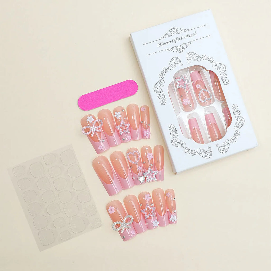 Super long water pipe French manicure nail stickers with spot drill bows and love pattern design