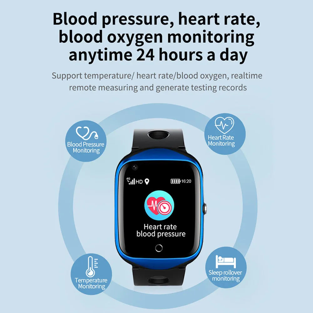 Square elderly safety phone watch with silicone strap showing 1.3-inch touchscreen display