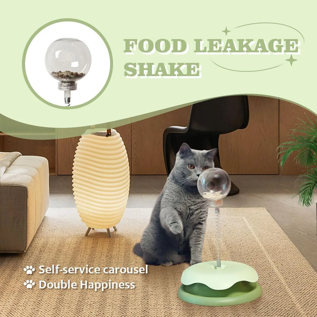 Blue and green interactive cat treat dispenser toy with a track ball for slow feeding and play.