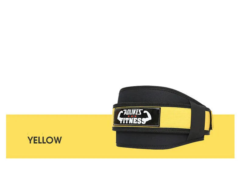 Nylon fitness weightlifting waistband for adults in black, red, or yellow on a gym background.