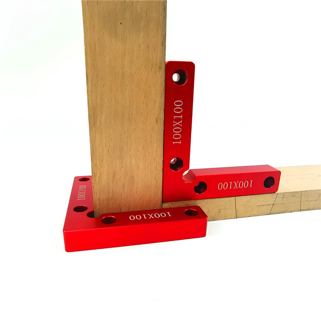Aluminium right angle positioning clamp block for woodworking jigs, showing 90-degree corner and scale markings.