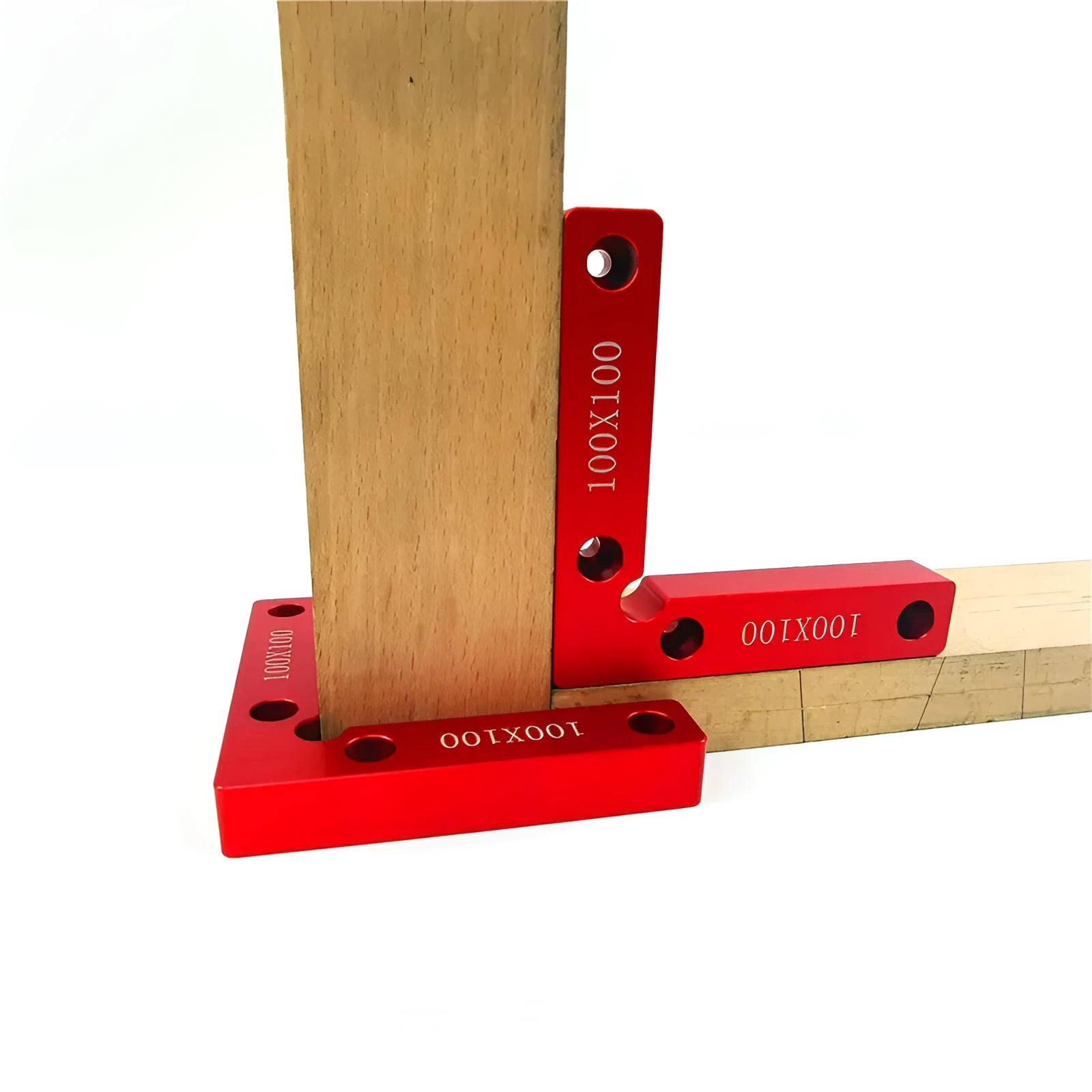 Aluminium right angle positioning clamp block for woodworking jigs, showing 90-degree corner and scale markings.