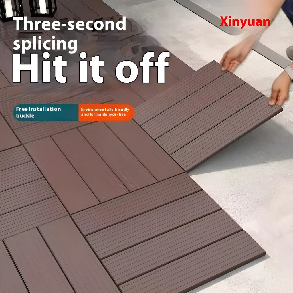 Set of ten wood grain style plastic floor tiles showing non-slip surface, dimensions 300x300 mm.