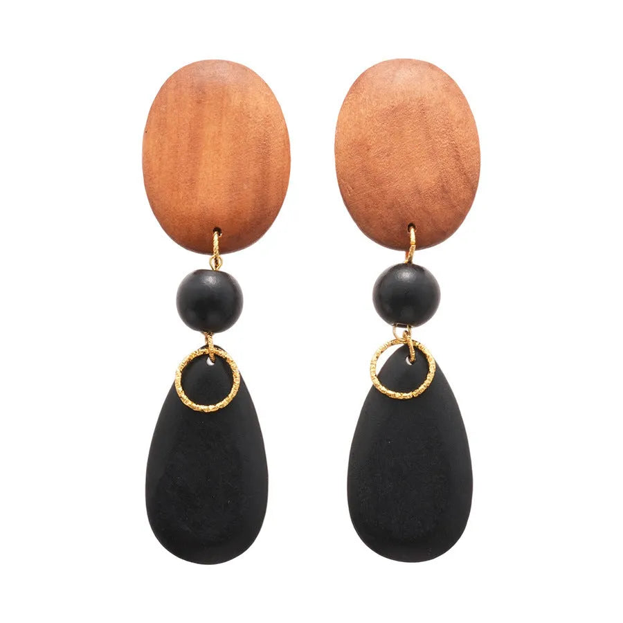 Handmade wooden ellipse earrings in silver needle-brown-black colour retro women's jewellery