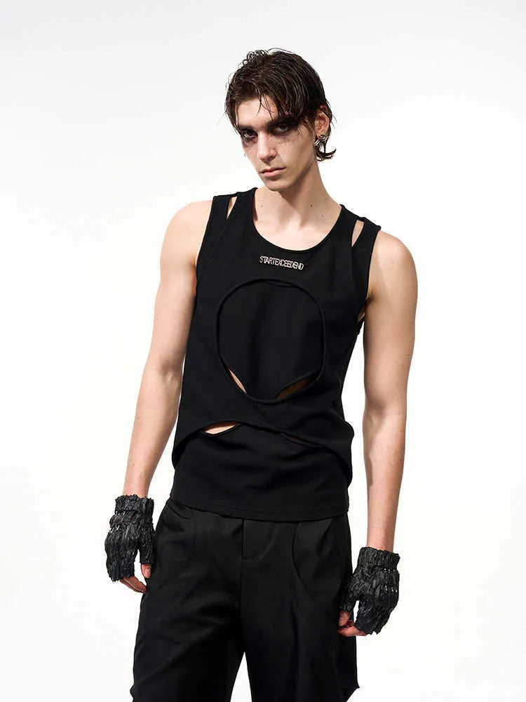 Men's loose fit sleeveless waistcoat in hollow white thread construction