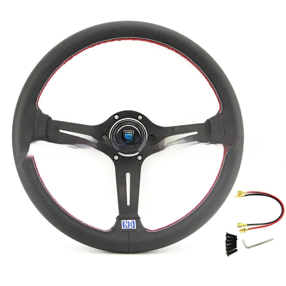 14-inch leather steering wheel with concave centre and silver black finish options