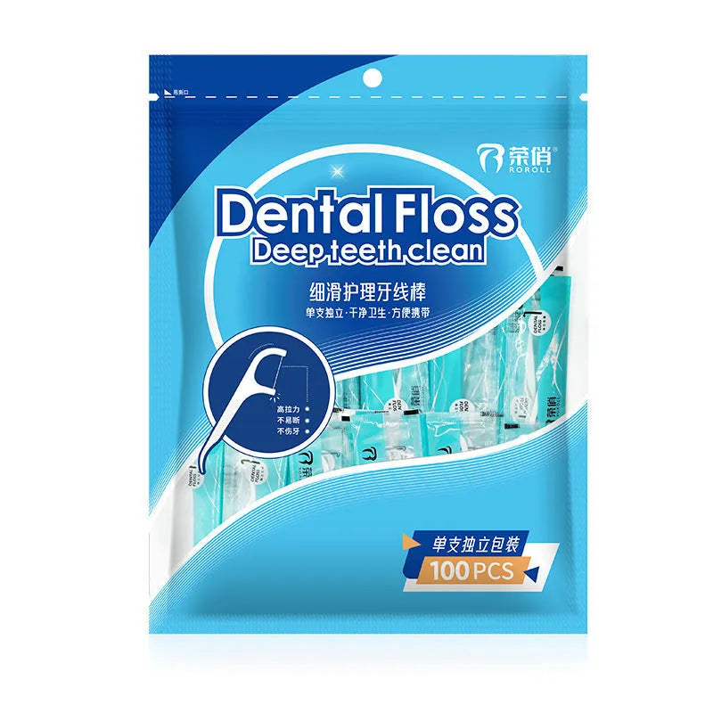 Dental floss in plastic packaging with 100 individually wrapped pieces for hygienic oral care
