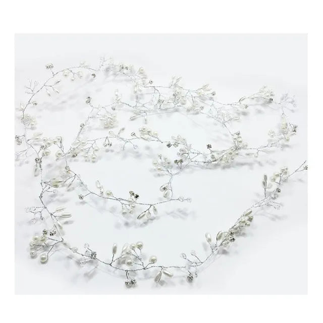 Bridal pearl hair band in silver, gold, or rose gold on a white background, showing wired construction.