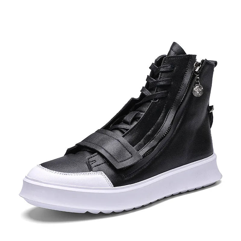Black and white men's high-top ankle boots made from PU leather and microfiber for winter wear.