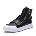 Black and white men's high-top ankle boots made from PU leather and microfiber for winter wear.
