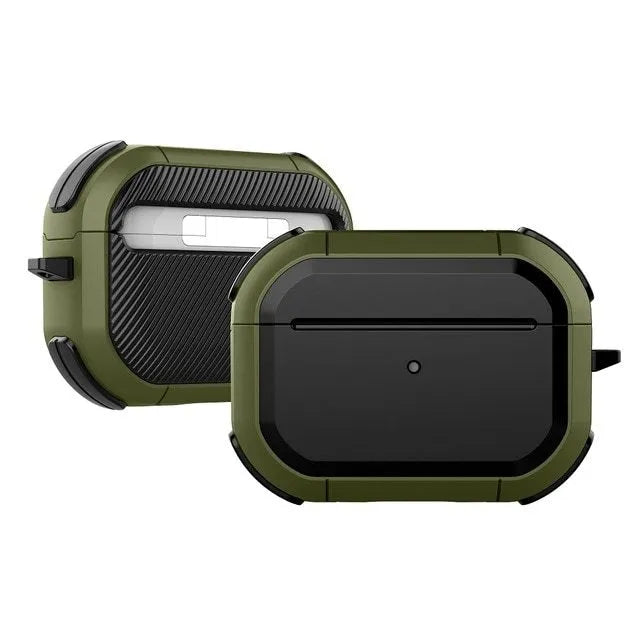 Black TPU and PC protective shell case for AirPods Pro and AirPods 1/2 generation earphones.