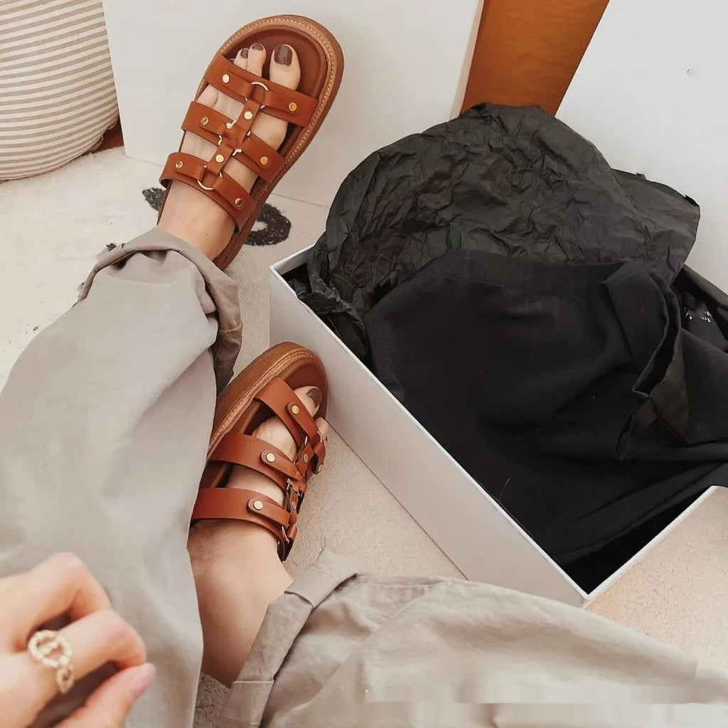 Women's Roman style patent leather sandal slippers in solid colours with sheepskin upper