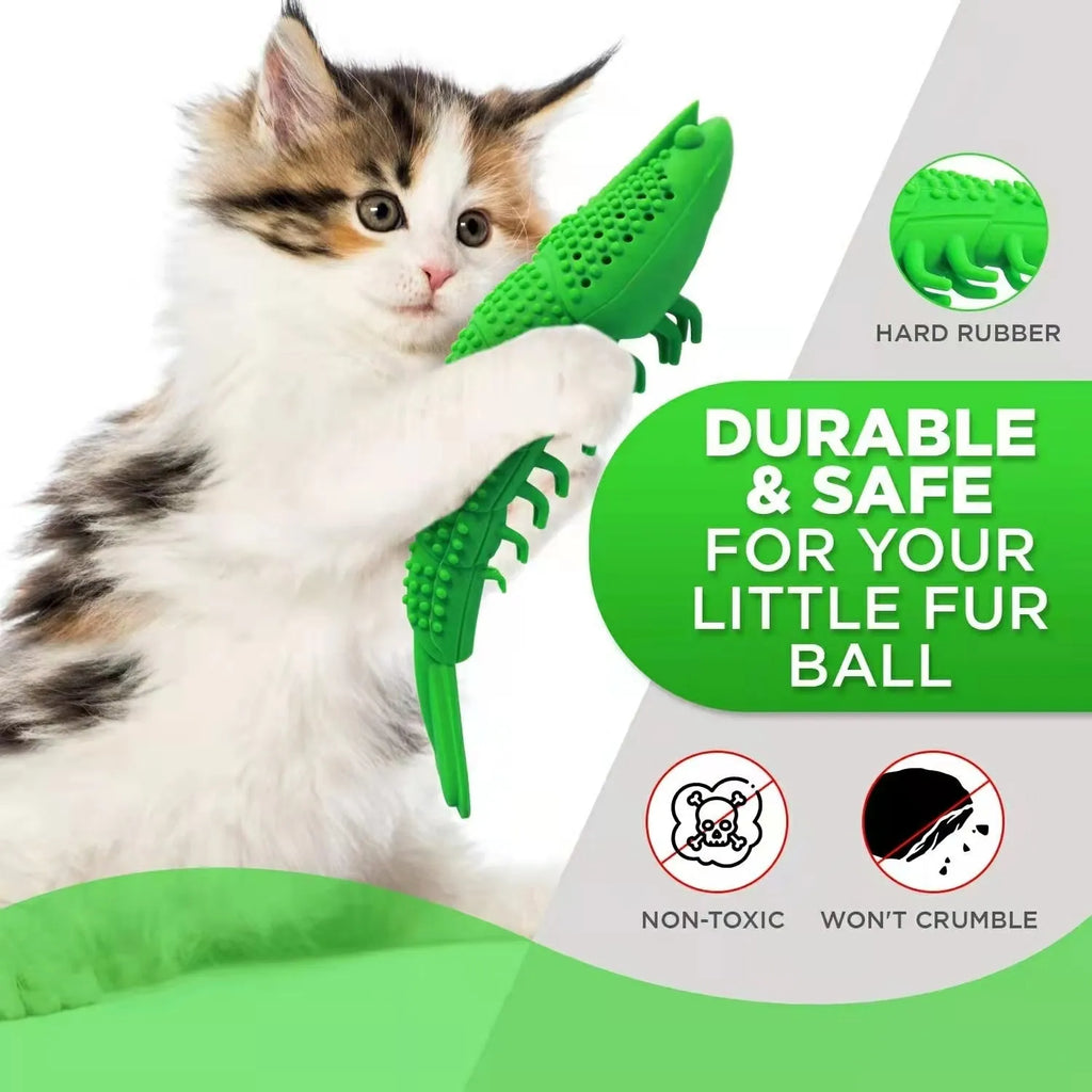 Blue hard rubber cat toy with 360-degree teeth cleaning bristles and internal catnip