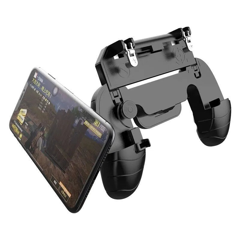 Telescopic mobile game controller handle extended with a smartphone clipped in the centre
