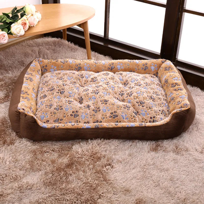 Plush pet bed mat for small dogs and cats showing size options and colour variations